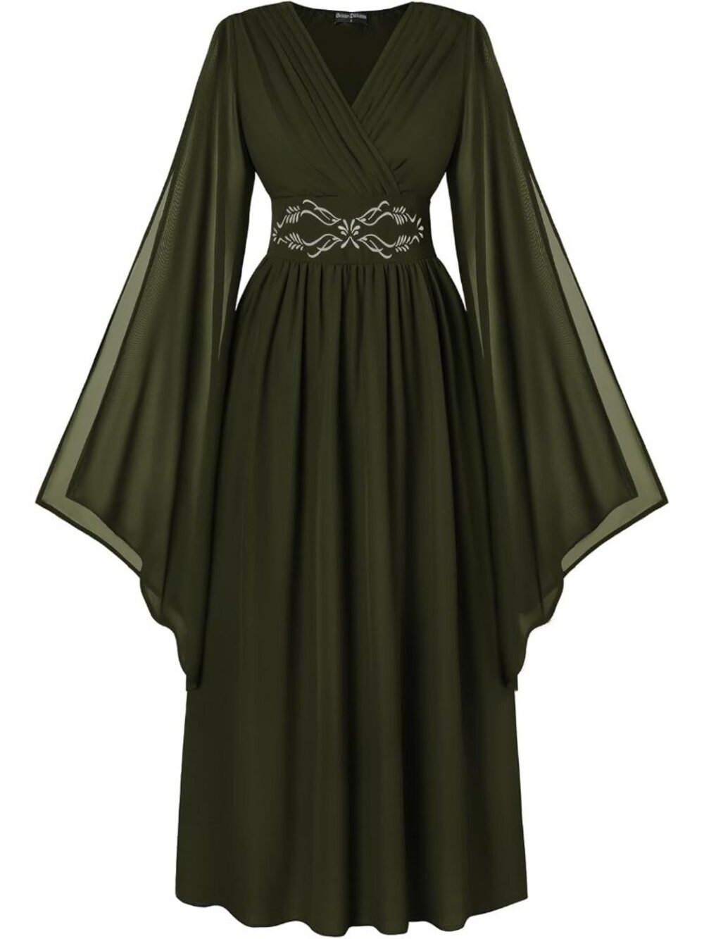 Women's Olive Green Bell Sleeve Wrap V Neck Embroidery Imported Costume Dress